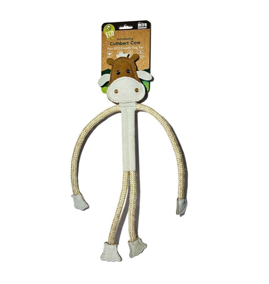 Miro & Makauri Cuthbert the Cow Eco Friendly Leather & Jute Rope Silent/No Squeaker Dog Toy