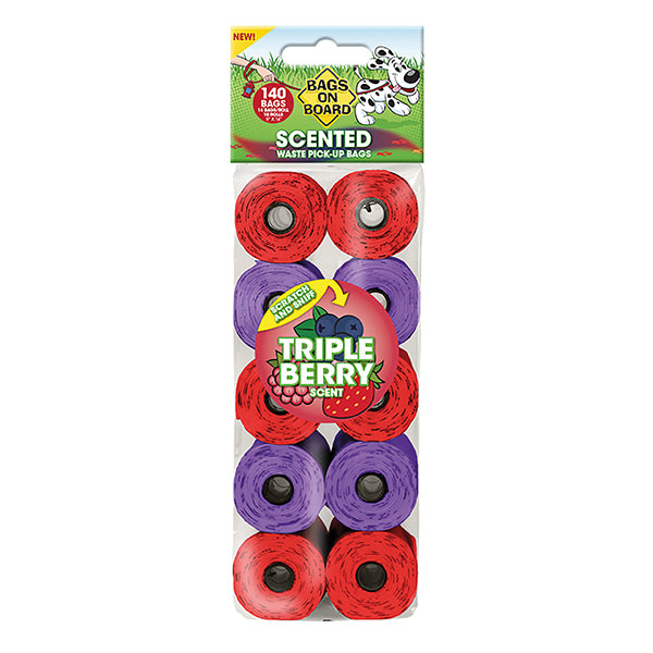 Bags On Board Berry Scented Poop Bags Red/Purple 10 Rolls x 14 Bags (140 bags)
