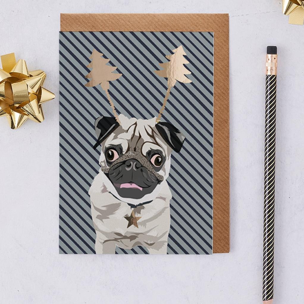 Lorna Syson Arnie the Pug in Antlers Dog Christmas Card