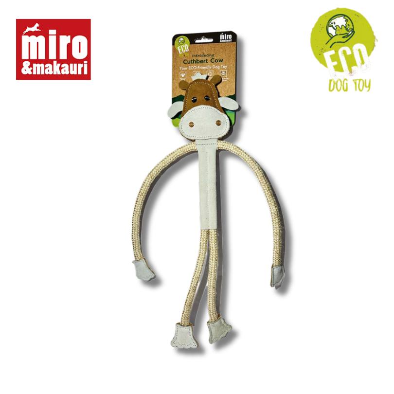 Miro & Makauri Cuthbert the Cow Eco Friendly Leather & Jute Rope Silent/No Squeaker Dog Toy