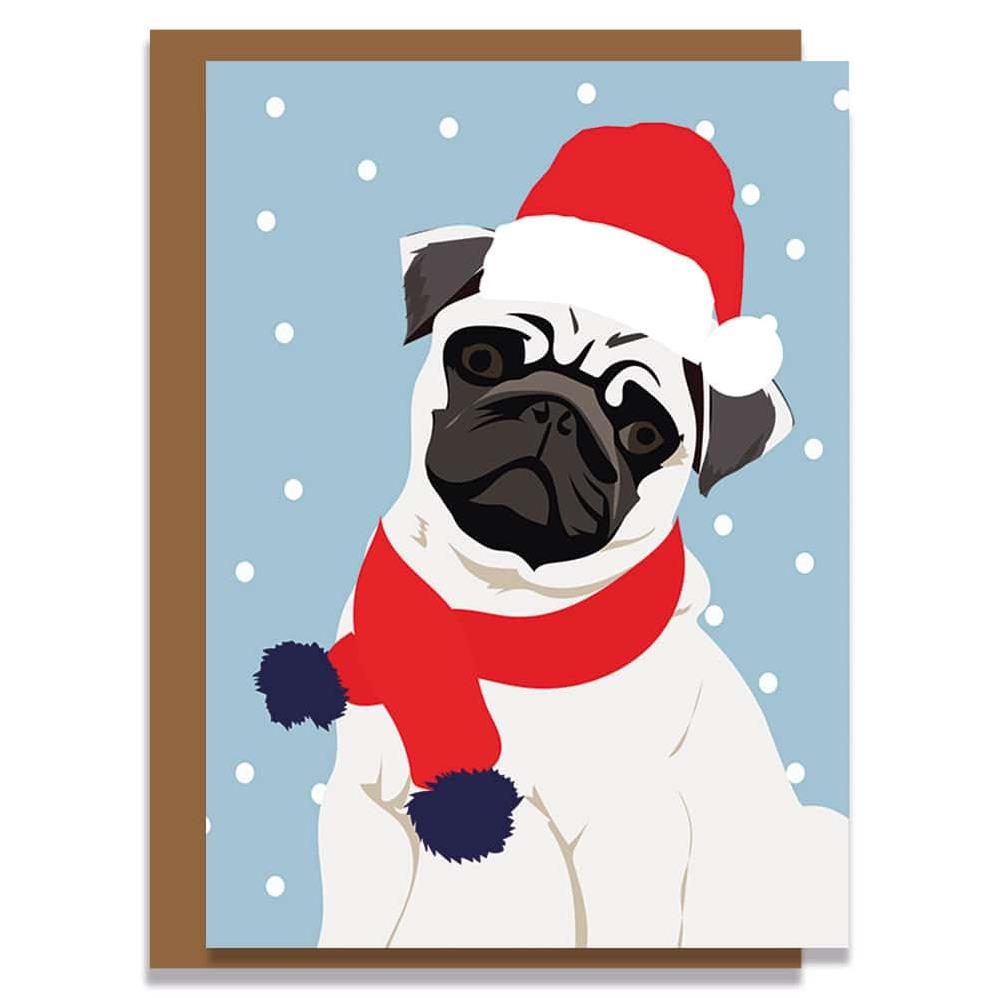 Lorna Syson Quincy the Pug in Santa Hat Dog Christmas Card