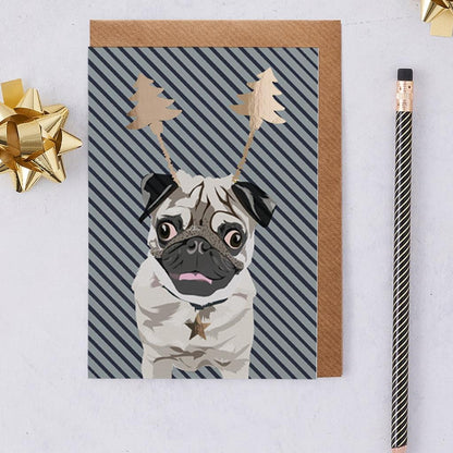 Lorna Syson Arnie the Pug in Antlers Dog Christmas Card