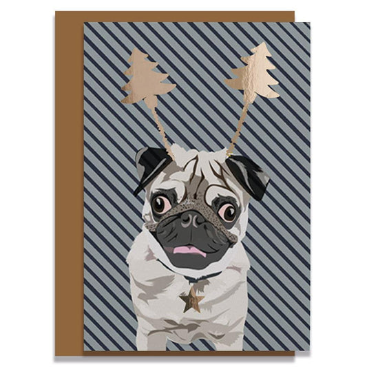 Lorna Syson Arnie the Pug in Antlers Dog Christmas Card