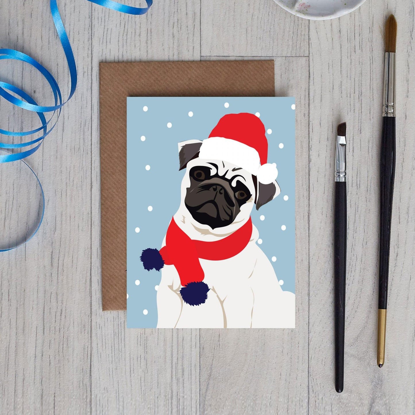 Lorna Syson Quincy the Pug in Santa Hat Dog Christmas Card