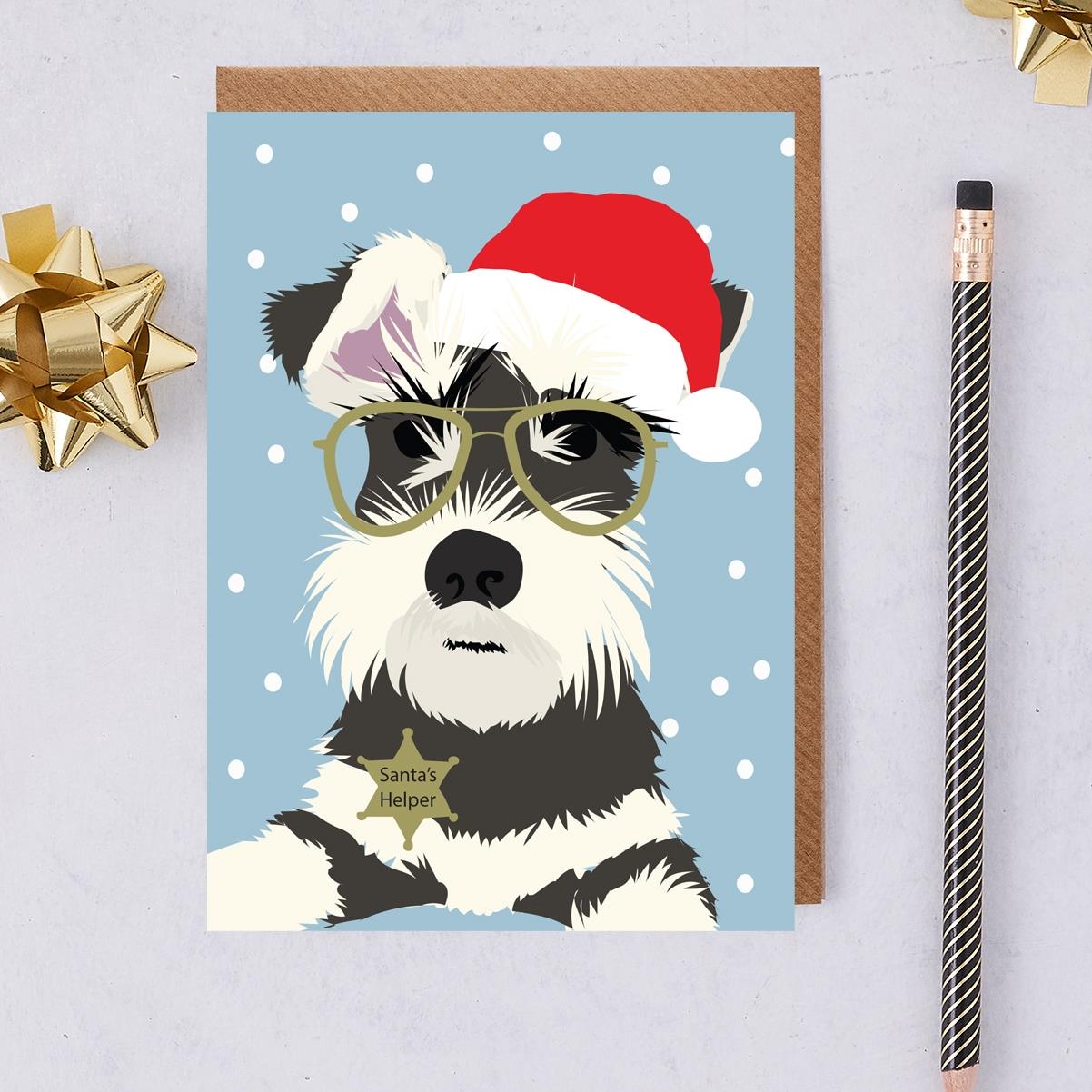 Lorna Syson Monty the Schnauzer in Santa Hat Dog Christmas Card